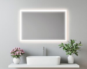 Smart mirror with builtin energyefficient lighting in a modern minimalist bathroom