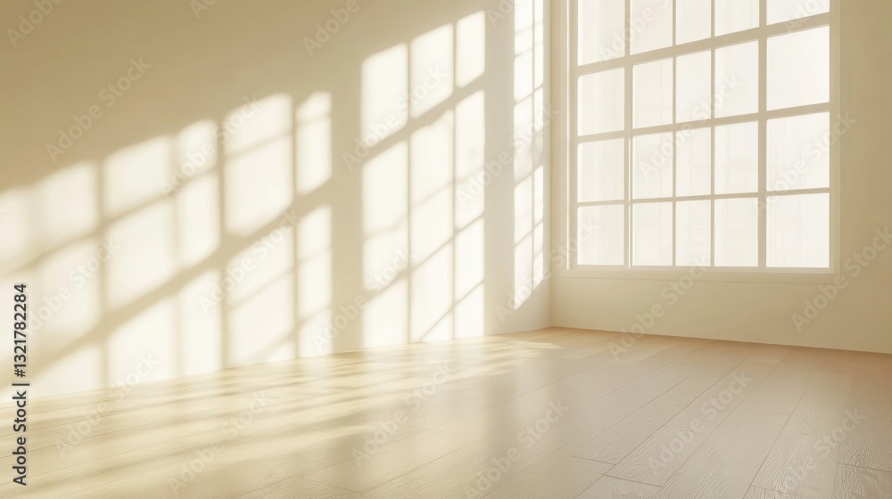 Poster an empty room features light streaming through a large window