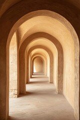 Softly glowing arches create a serene corridor in ancient stone, inviting exploration through the rich historical atmosphere at a prestigious heritage site