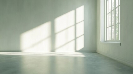 The interior space displays bright sunlight through a window frame