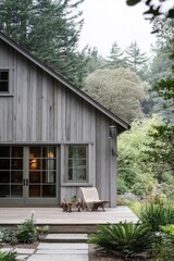 Cozy wooden house with large windows in a tranquil forest setting, surrounded by lush greenery and outdoor seating area, perfect for relaxation and enjoying nature