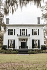 Elegant white historical house with black shutters and lush greenery surrounding it, showcasing classic architectural design in a serene outdoor setting