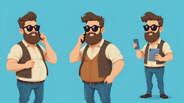 Cartoon flat funny bearded fat hipster man character in jeans jerkin and sunglasses. Ready for animation. Boy talking on phone and holding smart tablet. Isolated on blue background. Vector icon set.