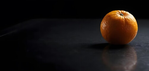 Photo copy space one fresh orange without leaves on dark black blank background