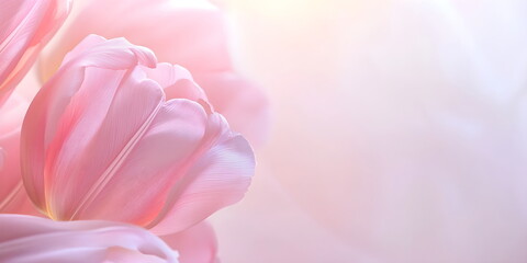 soft pink tulips on sky background. trendy, concept women's day, march, 8th . Wallpaper background. , top view, copy space, spring, summer, macro