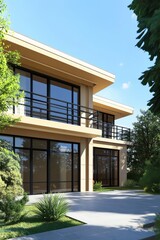 Fototapeta premium Modern architectural design of a two-story house surrounded by lush greenery on a clear, sunny day with bright blue skies showcasing natural light and outdoor landscaping
