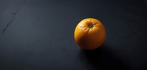 Photo copy space one fresh orange without leaves on dark black blank background
