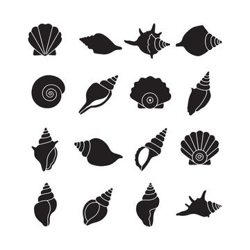 seashell and mollusk silhouette vector icon set ocean conch scallop spiral shell clipart design