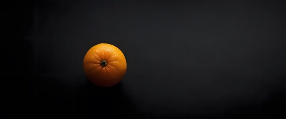 Photo copy space one fresh orange without leaves on dark black blank background