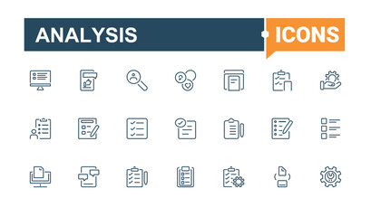Analysis simple icon. Pack of experience, questionnaire, research, question, checklist, feedback, poll. Survey line icons set. Thin linear style icons. Modern linear icons.