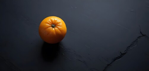 Photo copy space one fresh orange without leaves on dark black blank background