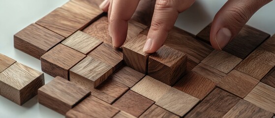 A person is trying to fit a wooden block into a puzzle