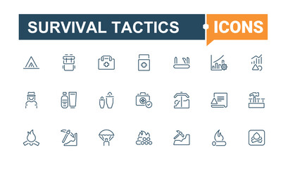Survival Tactics linear icon collection. Contain linear sign saving,  survivor, war, rescue, survival kit, self preservation and more. Survival icon collection. Conceptual pictogram and infographic.