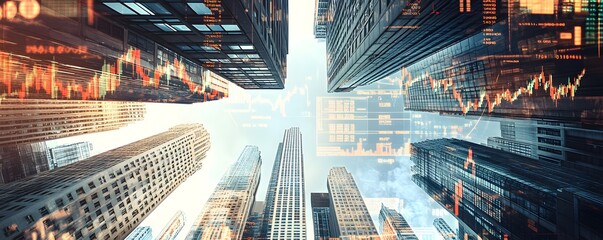 Looking up at towering skyscrapers overlaid with financial charts