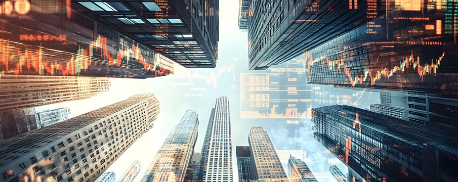 Looking up at towering skyscrapers overlaid with financial charts