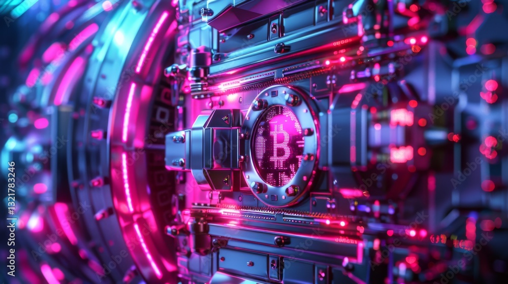 Poster A cutting edge bitcoin mining machine glows with vibrant neon colors, showcasing intricate circuitry and modern technology during the nighttime, capturing a sense of innovation and digital finance.