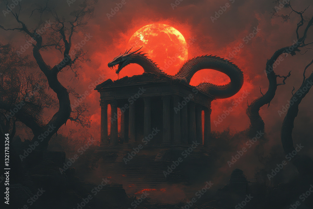 Poster a dragon is on top of a building with a red moon in the background