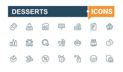 Desserts line icons. Included food, cake, sweet, cookie, bakery, pastry, dessert, cream. Sweets icon pack. Outline icon. Editable stroke. Vector illustration.