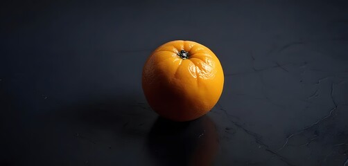 Photo copy space one fresh orange without leaves on dark black blank background