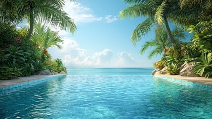 Obraz premium Idyllic Tropical Paradise: Infinity Pool Overlooking the Serene Ocean Horizon