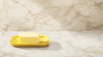 Elegant Butter Block on a Yellow Dish, Exquisite Marble Countertop Display