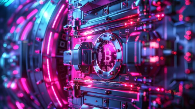 A cutting edge bitcoin mining machine glows with vibrant neon colors, showcasing intricate circuitry and modern technology during the nighttime, capturing a sense of innovation and digital finance.