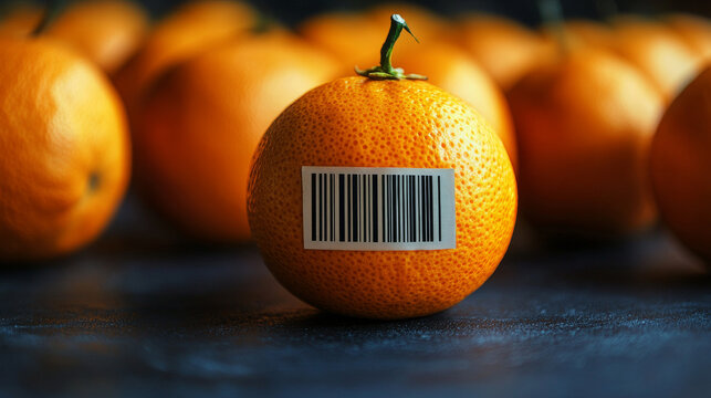 A laboratory-engineered orange with an artificial barcode represents the concept of genetically modified food (GMO) and scientific food production
