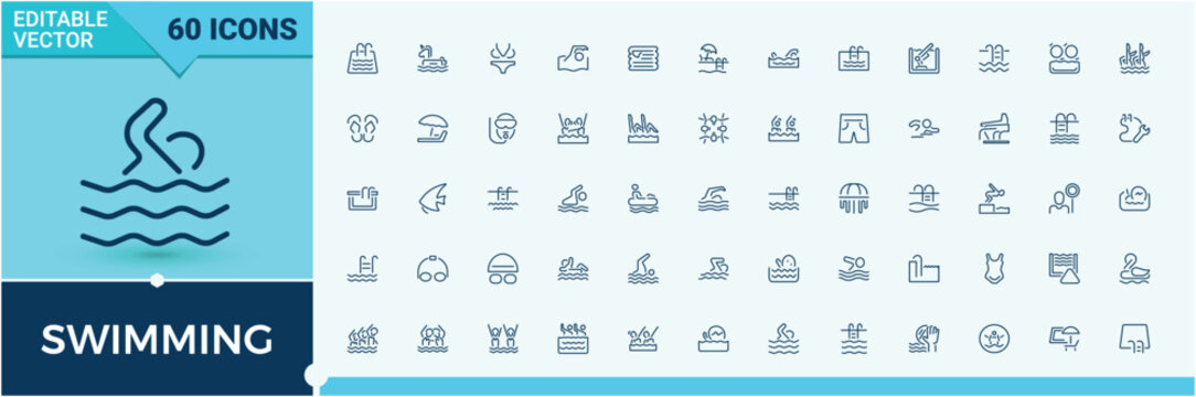 Swimming icon. Set of line pictogram. Contains such icons as lifestyle, diving, swimming pool, swimmer, swimwear, dive, shower and more. Pool icon set. Trendy minimal icons.