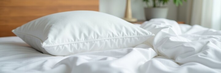 Freshly laundered pillow fluffed on crisp white sheets, pillowcase, soft