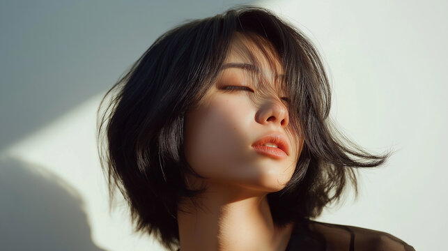 A woman with a bob cut haircut that has layers, giving a modern and easy-to-manage impression