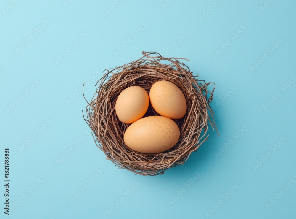 Poster three light brown eggs nestled in a rustic twig nest overhead view