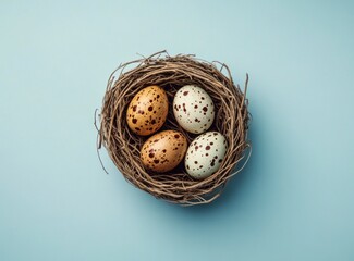 Obraz premium Eggs in Bird Nest Overhead Shot on Blue Background for Easter