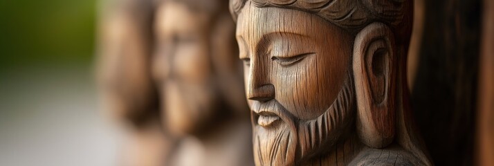 A finely detailed wooden carving of a serene figure showcases artistic craftsmanship, representing tranquility and reflection through its expressive features and natural tones.