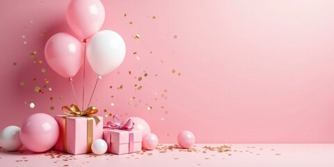 Pink and Gold Celebration Balloons, Gifts, and Confetti on a Pastel Background