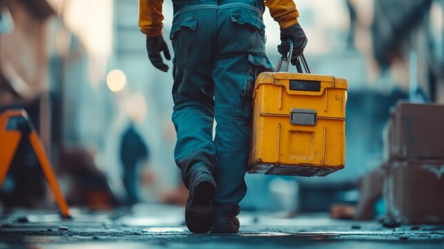 Tradesman carries yellow toolbox walks toward viewer.