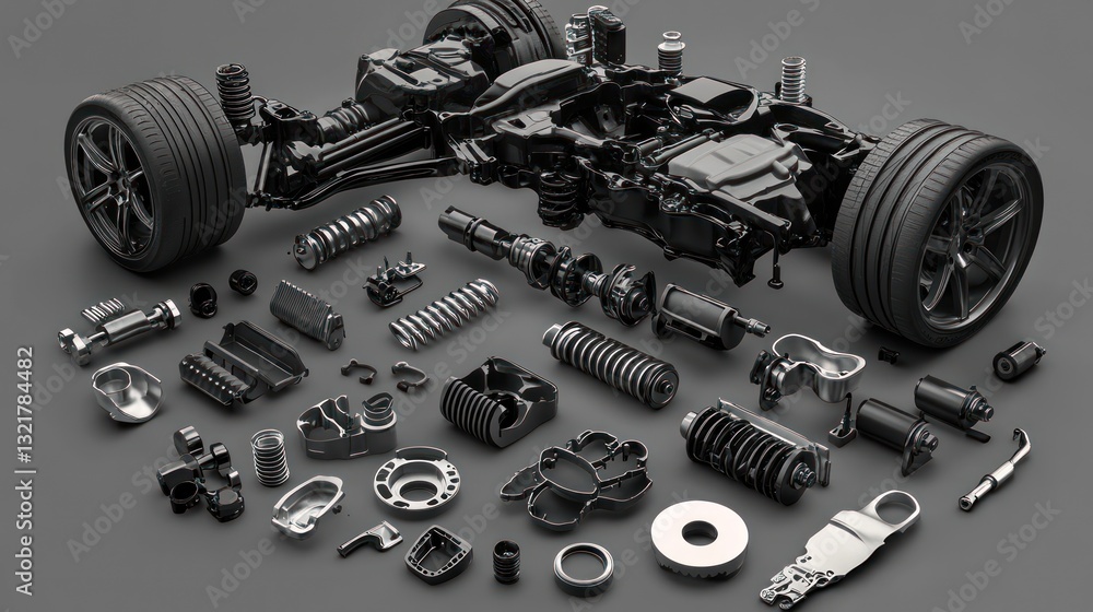 Poster disassembled car chassis with various components displayed on a gray surface.