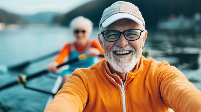 Happy elderly man enjoying a day of rowing on a serene lake with a joyful companion behind him