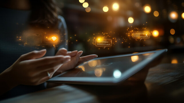 A professional interacts with an AI-powered chatbot on a tablet, representing intelligent digital customer service, fast communication, and business innovation - Powered by Adobe