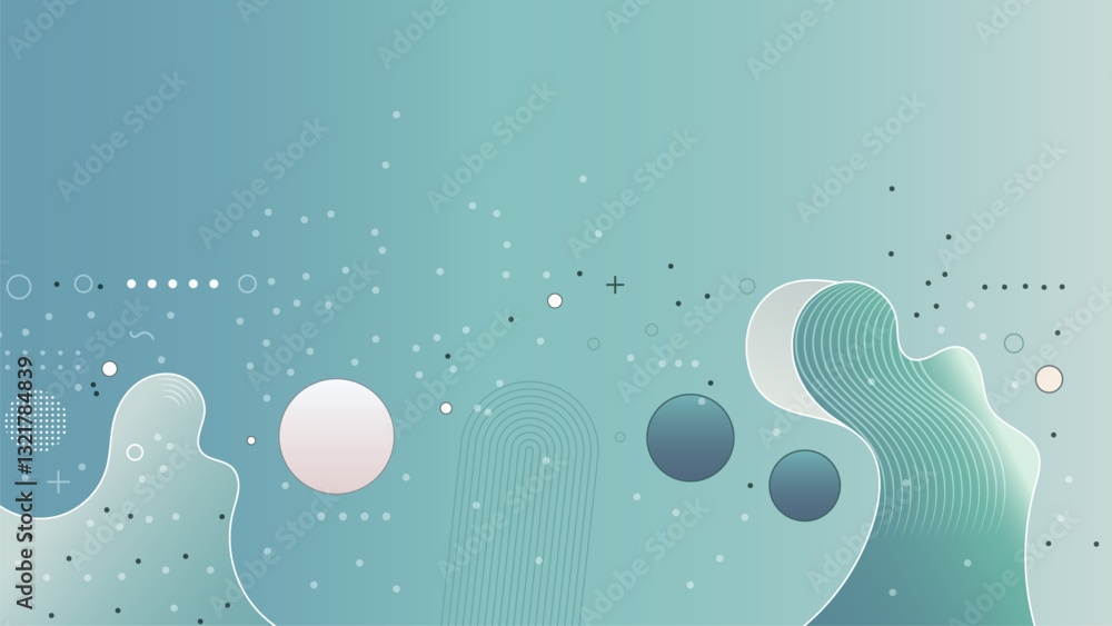 Fototapete Abstract Futuristic Background with Floating Spheres and Wavy Lines