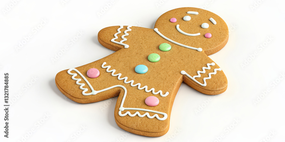 Poster smiling gingerbread man cookie with colorful icing decorations lies white background. cookie feature