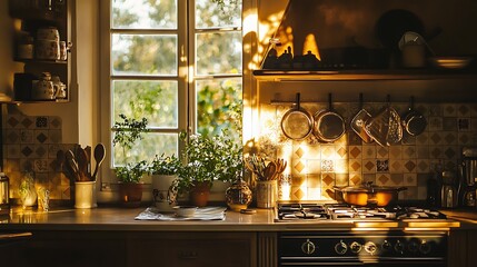Sunlit Kitchen Interior with Plants and Cookware Creates Warm Atmosphere