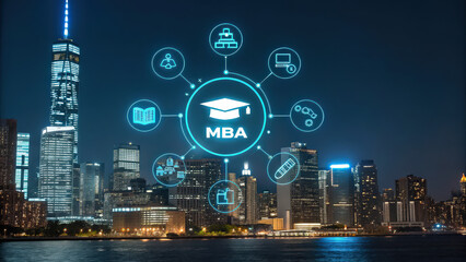 digital illustration of city skyline night with MBA icons representing education and business opportunities. glowing symbols include graduation cap, book, and briefcase, highlighting connection