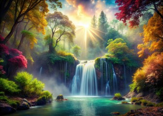 Double exposure art: a fantastical fusion of serene waterfall and mystical forest, creating a dreamy landscape.