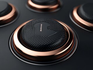 A modern metallic button featuring an elaborate design and luminous details