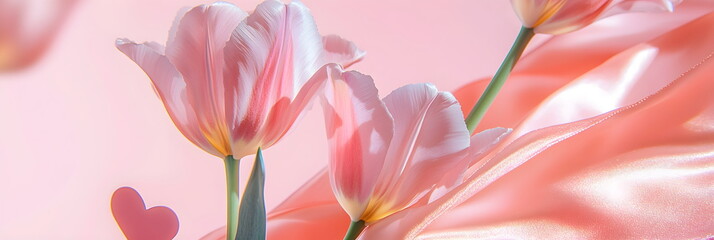  soft pink tulips on sky background. trendy, concept women's day, march, 8th . Wallpaper background. , top view, copy space, spring, summer, macro