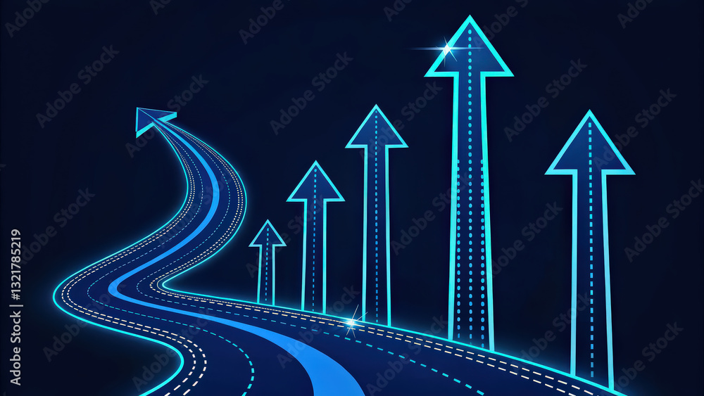 Poster futuristic digital illustration featuring multiple glowing arrows pointing upwards, symbolizing grow