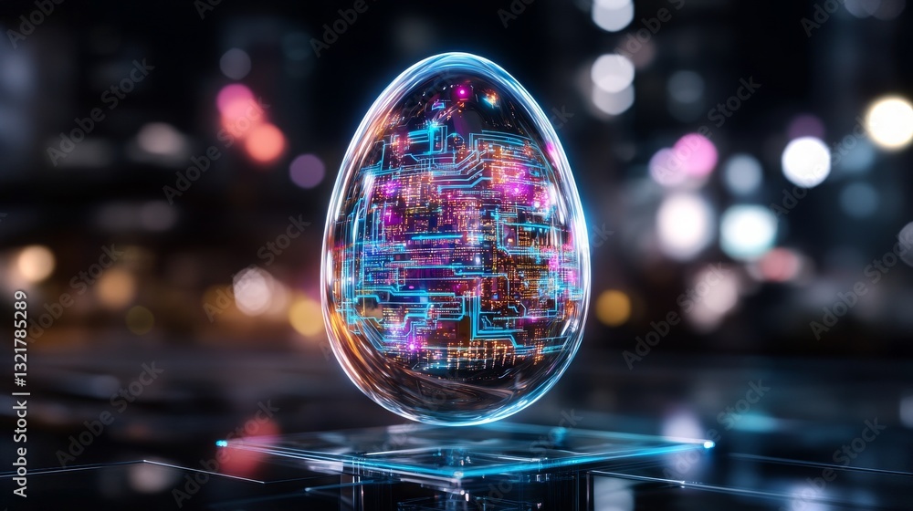 Poster futuristic egg-shaped structure illuminated with vibrant circuits in a dynamic urban environment