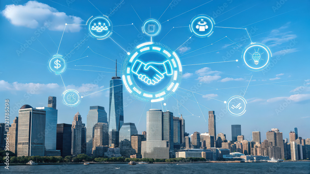 Aufkleber futuristic digital illustration of city skyline with interconnected technology icons representing bu
