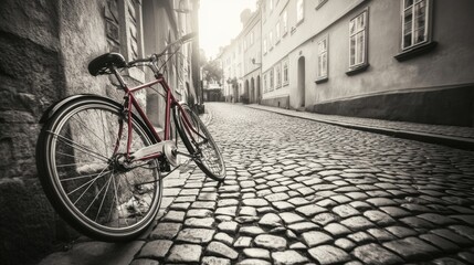 Retro red bike on cobblestone street, timeless charm in monochrome.