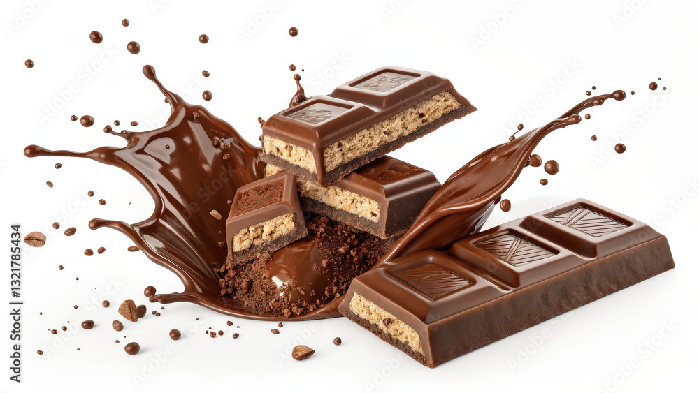 Poster hyper realistic 3D rendering of melting chocolate bars with splash effect, showcasing rich textures and creamy layers. image captures indulgent essence of chocolate in motion